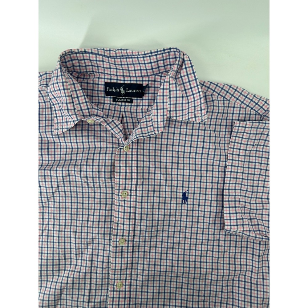 Ralph Lauren Button Down Shirt Mens XL Pink Blue Gingham Classic Fit Cotton